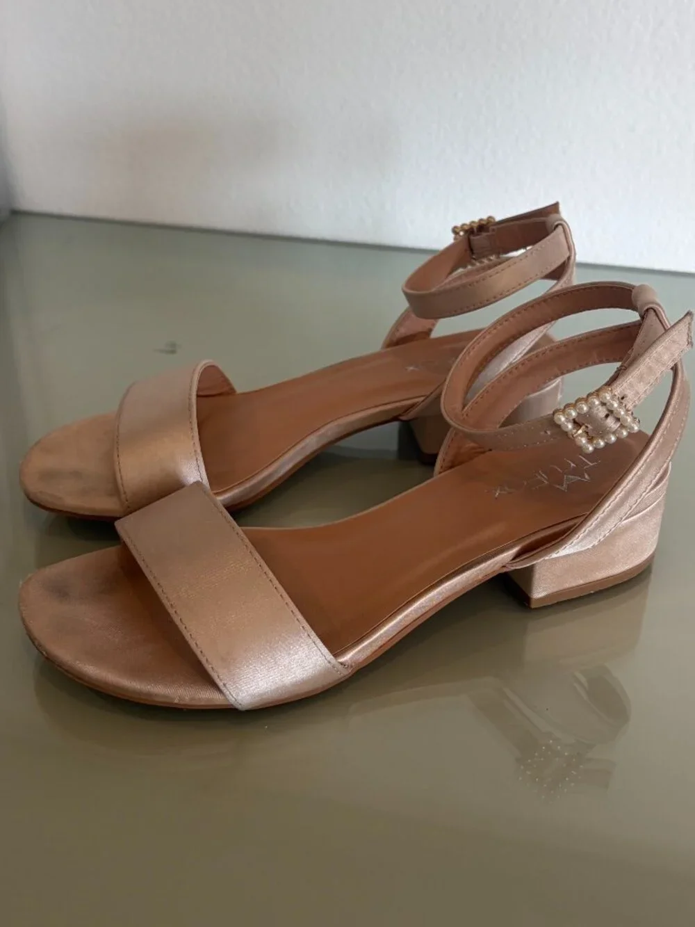 TruFox Girls 6 Blush Satin Pearl Block Heel Sandals Flower Girl Wedding Shoes